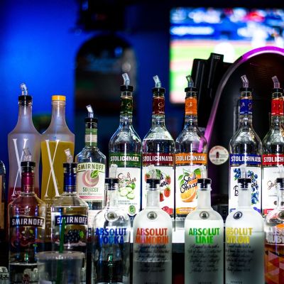 Assorted liquor bottles.