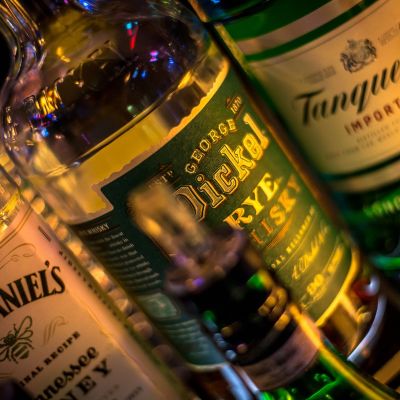 Liquor bottles, closeup.