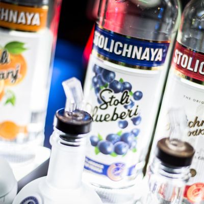 Stolichnaya vodka bottles.