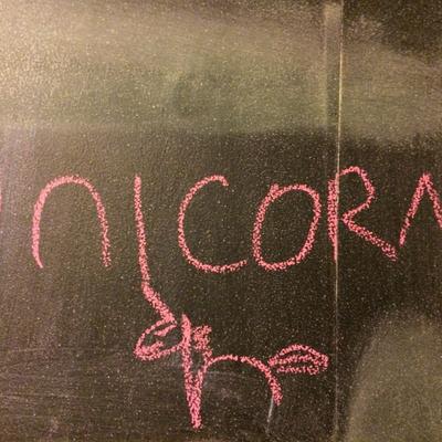 A word ''Unicorn'' written on the blackboard