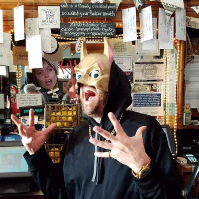 Mad Hanna Bartenders looking adorable and ready to make drinks. Also wearing a golden Batman mask because Halloween.