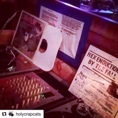flyer for DJ performance at Mad Hanna, featuring turntables and mixer in the DJ booth, known as the Cat Box
