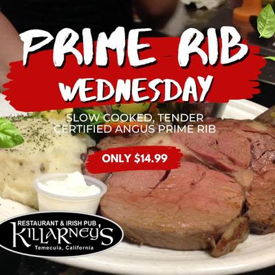 A digital pamphlet advertising prime rib Wednesday discount