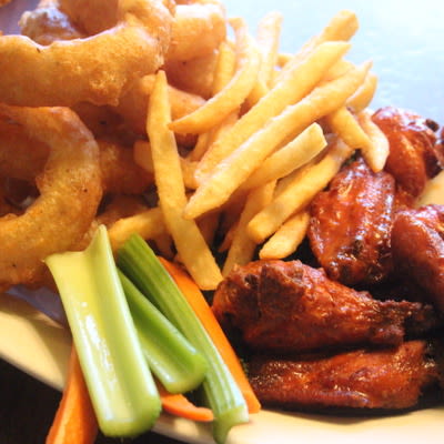 Kombo, onion rings, fries and fried chicken