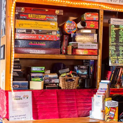 Board games, card games and other entertainment available to use at Mad Hanna